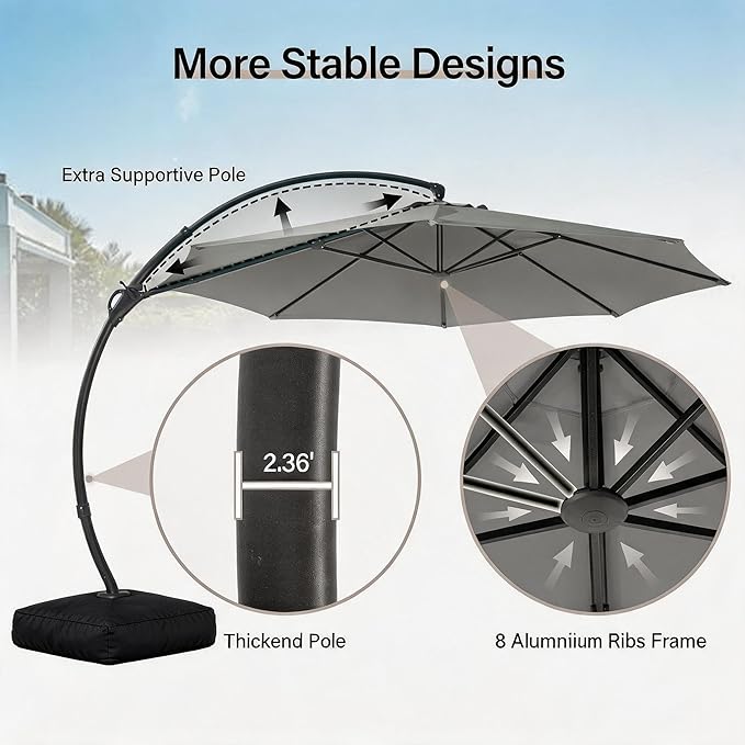 LAUSAINT HOME 11ft Patio Cantilever Umbrella with Base Included, Outdoor Curvy Round Offset Umbrella, Heavy Duty Aluminum, 360° Rotation for Pool, Deck, Lawn, Backyard (Grey)