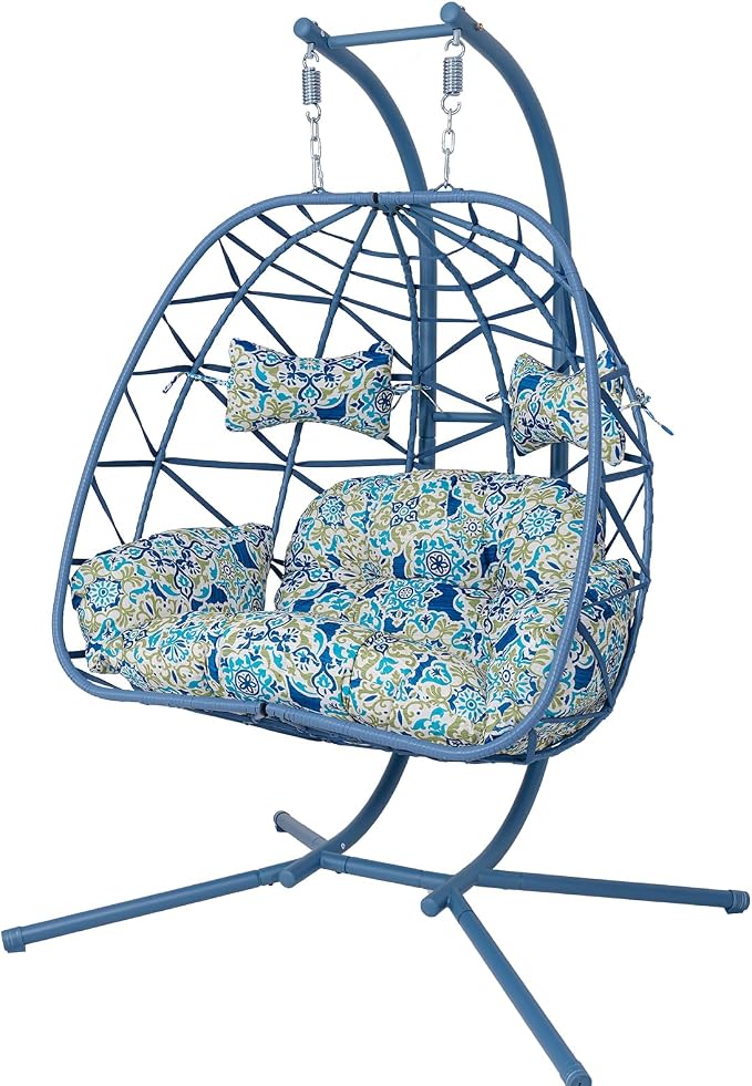 2 Person Double Hanging Egg Chair, Oversized Wicker Rattan Loveseat Swing Chair, Heavy Duty 600lbs Capacity, Foldable Basket Hammock Chair with Thick Cushion for Indoor Outdoor Patio Bedroom