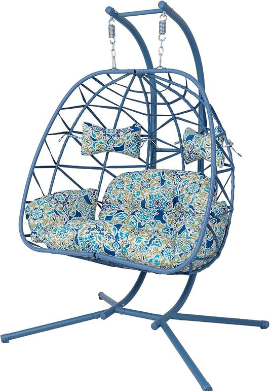 2 Person Double Hanging Egg Chair, Oversized Wicker Rattan Loveseat Swing Chair, Heavy Duty 600lbs Capacity, Foldable Basket Hammock Chair with Thick Cushion for Indoor Outdoor Patio Bedroom