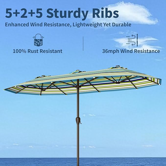 15FT Double Sided Patio Umbrella with Base Included Large Outdoor Market Umbrella with Crank Handle, UV Resistant Canopy, Sturdy Frame for Garden, Poolside, Deck, Green Stripes