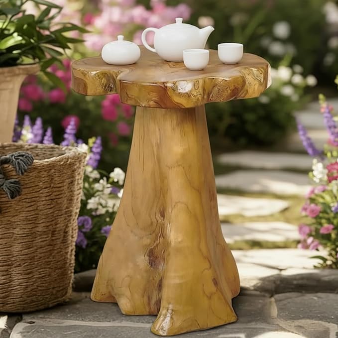 Teak Wood Stump Side Table 14"x15"x19" H Solid Natural Wood Live Edge Tree Stump Plant Stand Rustic Handmade Coffee End Table for Living Room Bedroom Outdoor Garden