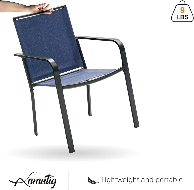 Outdoor Patio 37" PVC Square Table and NavyBlue Stackable Chairs Set of 5 | Stackable Chairs, Square Table, Table and Chair with Metal Frame, Pvc Table Top, All Weather, Textilene fabric Seat and Back