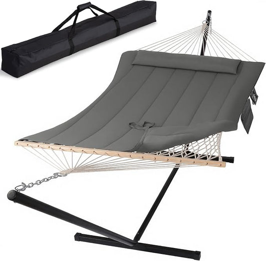 SUNCREAT Double Outdoor Hammock with Stand, Carrying Bag, Two Person Cotton Rope Hammock with Polyester Pad, Dark Gray
