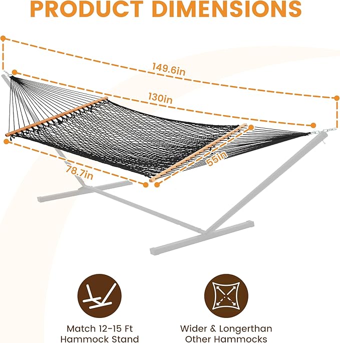 Lazy Daze Hammocks Double Rope Hammock, 2 Person Traditional Outdoor Hand Woven Cotton Rope Hammock with Spreader Bar, Carabiners, Tree Straps, Chains for Patio Yard - Max 450 Lbs, Dark Grey
