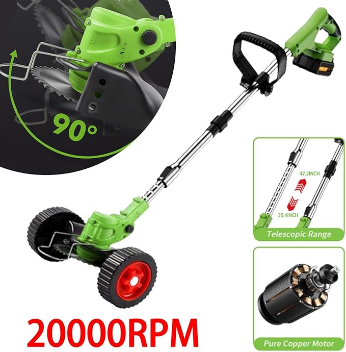 Cordless Garden Strimmers with Metal Blades, Electric Cordless 21v Grass Strimmer with 2 X 2000mAh Battery, Garden Trimmer Telescopic Lightweight with Roller, 850W, for Gardens Lawns Weeds Trimmer