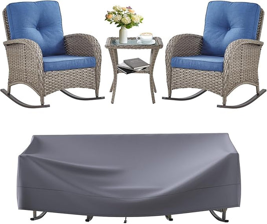 Outdoor Rocking Chairs Set of 2-Patio Table and Chairs Set Outdoor Conversation Furniture Sets for Deck Porch Garden Balcony Poolside-Grey/Blue