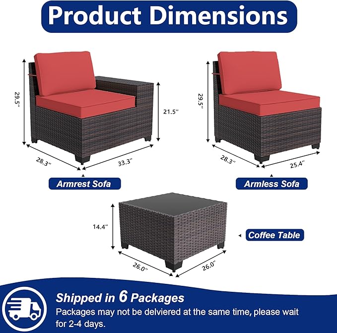 Outdoor Patio Furniture Set, 12 Pieces Outdoor Sectional Furniture High Backrest Patio Sofa, All-Weather PE Rattan Patio Conversation Set with Coffee Table & Cushions(Red).
