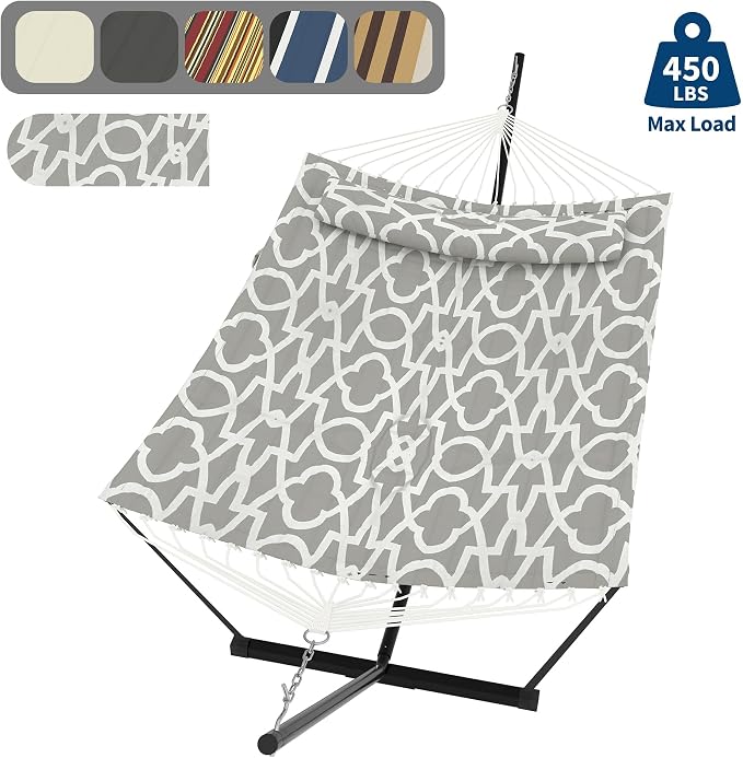 IDEALHOUSE Double Hammock with Stand, 2 Person Outdoor Hammock, 450 Lb Capacity, Pillow Included, 12 ft Stand for Patio, Backyard, Poolside, Light Gray