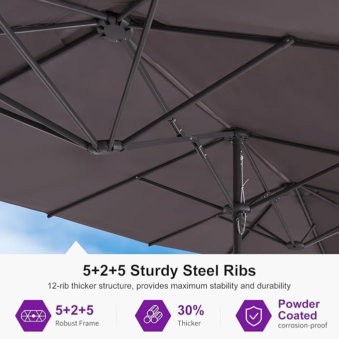 PURPLE LEAF 13ft Double-Sided Patio Umbrella with Base Included Market Rectangle Umbrella Outdoor Table Umbrella with Crank for Pool Garden Deck, Light Grey