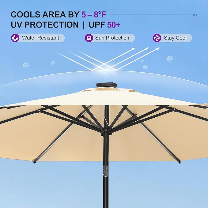 PURPLE LEAF 7.5' Round Patio Umbrella with Solar LED Outdoor Table Umbrella Aluminum Frame Market Umbrella with 8 Sturdy Ribs & Tilt for Garden Deck Lawn Pool Beige