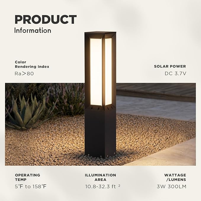 Solar Landscape Path Light, 32 Inches Modern Outdoor Bollard Lighting, Aluminum 3W 350LM Luxury LED Lights for Lawn, Patio, Courtyard and Driveway Decoration