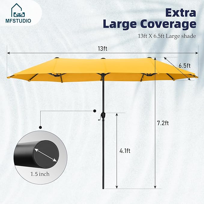 MFSTUDIO 13ft Outdoor Patio Umbrella, Double Sided Large Rectangular Umbrella Market Table Twin Triple Rectangle Umbrellas with Crank Handle for Outside Picnic Backyard Deck Pool (no base)