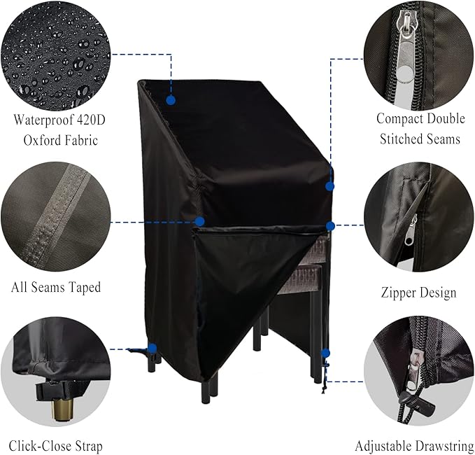 Zipper Stacking Chair Cover 420D, Quick Installation Patio Chair Cover, Outdoor Patio Furniture Covers for Stacked Chairs, Outdoor Lawn Dining Chair Covers with Zipper 2 Pack