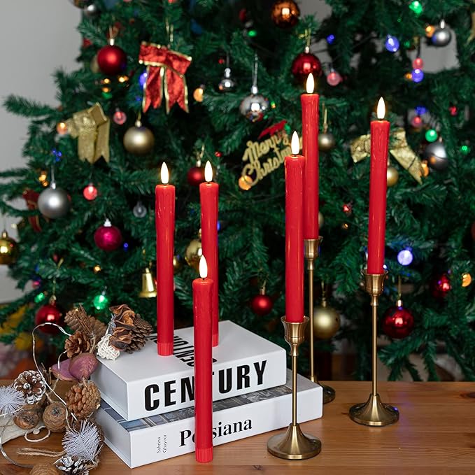 JOIONE Flameless Taper Candles with Remote Timer, 9.6" Red Real Wax Flickering Battery Operated Warm Light Electric LED Candle, Perfect for Christmas Party Wedding Decoration (6 Pack)