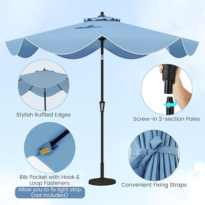 HAPPYGRILL 9 FT Patio Umbrella with Ruffled Edges, Outdoor Table Umbrella with Push Button Tilt, Crank, 8 Ribs, Heavy-Duty Market Sunshade for Yard Garden Pool
