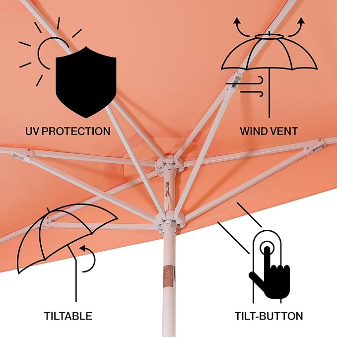 JONATHAN Y Terrace Scalloped 9 ft. Half Round Patio Umbrella with Crank Lift and Tilt, Coastal Semicircle Market Wall Umbrella for Balcony, Coral Pink/White, White Pole UMB1202H