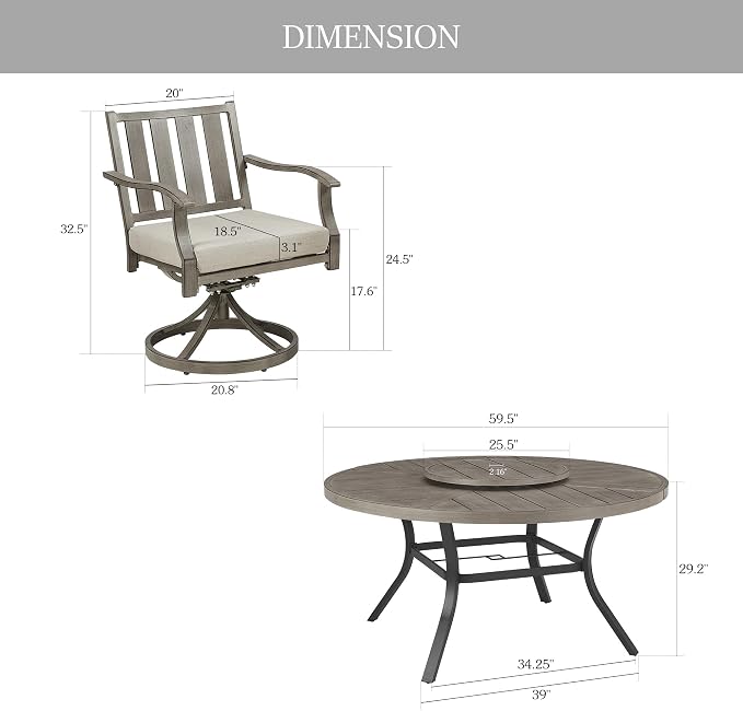 PEAK HOME FURNISHINGS Outdoor Aluminum Dining Set, 60" Round Dining Table with 6 Swivel Dining Chairs