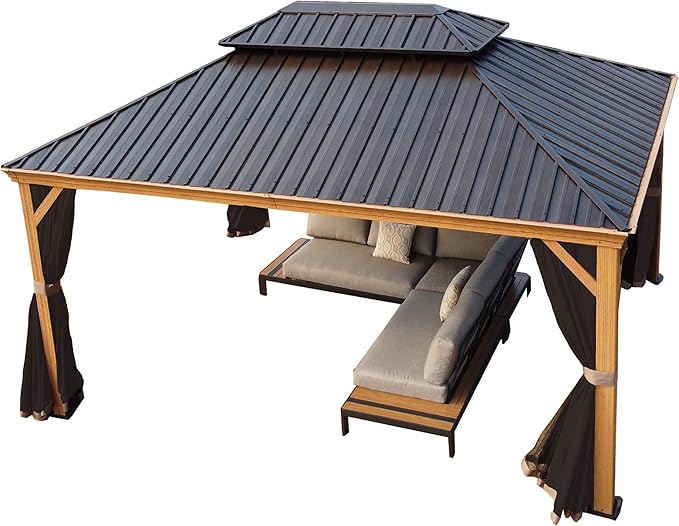Kozyard Apollo 12’x16’ Hardtop Gazebo, Wooden Coated Aluminum Frame Canopy with Galvanized Steel Double Roof, Outdoor Permanent Metal Pavilion with Netting for Patio Lawn