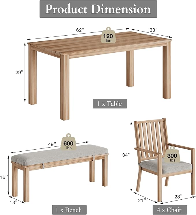 RoyalCraft Aluminum 6 Pieces Patio Dining Sets, Outdoor Dining Table with 4 Chairs and Bench, Outdoor Patio Dining Furniture Set with Removable Cushion for Lawn, Garden, Backyard, Brown
