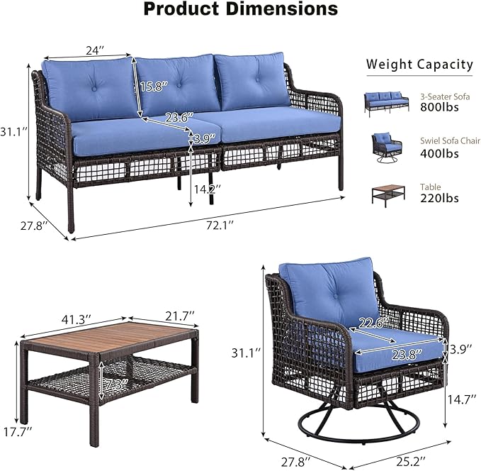 4 Pieces Patio Furniture Set with Swivel Chairs, Outdoor Metal Conversation Set Sectional Rattan Sofa Couch for 5-Person, for Deck, Lawn, Balcony, Porch, Blue