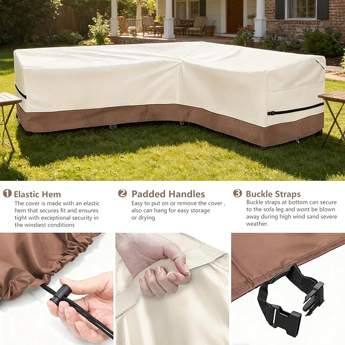 okcool Outdoor Sectional Sofa Cover Waterproof-L-Shaped Patio Furniture Covers for 6-Seater Outdoor Sectional Furniture Couch 110"(85''L) x 32''D x 31''H, Beige & Brown