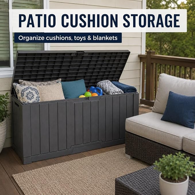 Outdoor Storage Box, Waterproof Deck Box with Buckle Lock, Patio Storage Box for Cushions and Outdoor Toy Storage, 30/60/80/100/120 Gallon PP Bench or Side Table for Patio Garden Backyard(60 Gallon)