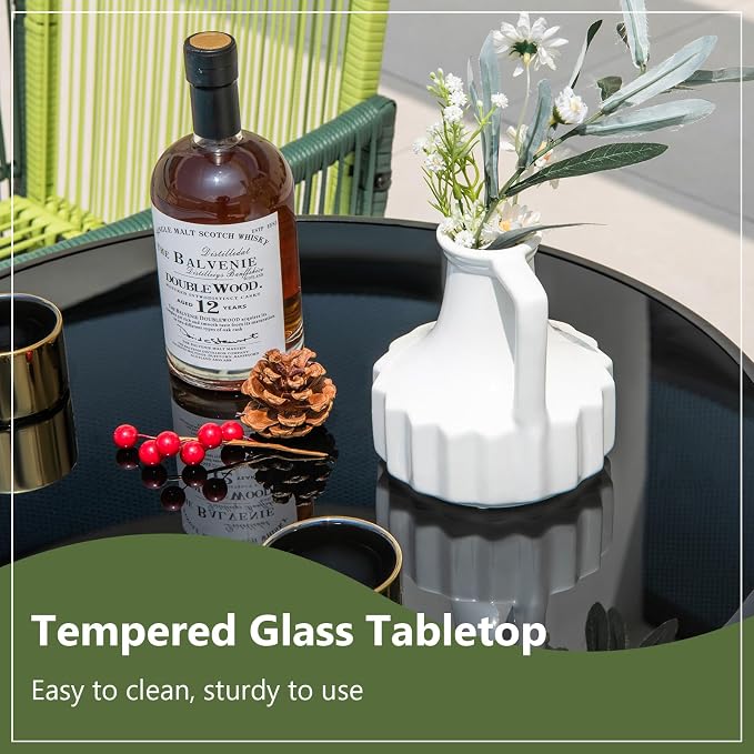 HOMGX 23 Inch Round Folding Bistro Table, Outdoor Patio Side Table with Tempered Glass Tabletop & Heavy-Duty Metal Frame, Portable Foldable Cocktail Table for Balcony, Porch, Deck, Backyard, Poolside