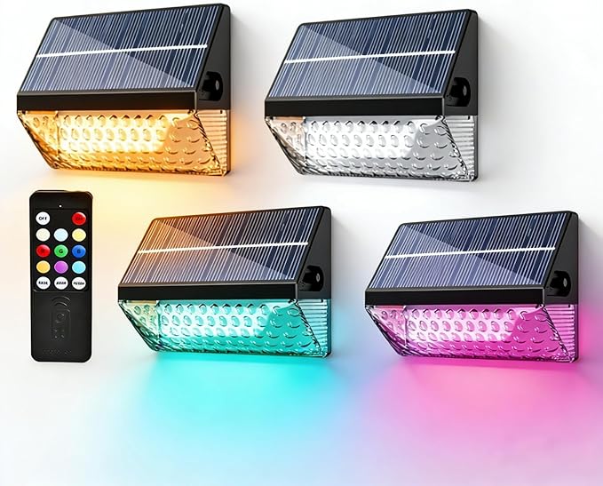 FVTLED Solar Fence Lights Outdoor, RGBW Color Changing Solar Wall Lights Outdoor with Remote Control, Waterproof LED Deck Light for Garden Yard Patio Deck Step Patio Wall (4 Pack)