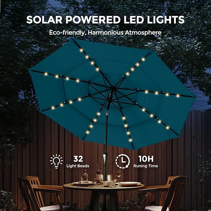 HOMSHADE 9FT 3-Tier Solar Patio Umbrella,Vented Market Table Umbrella Windproof w/32 LED Lights, UPF50+, 5-Year Fade Resistant, 8 Thicker Ribs for Pool, Lawn, Garden, Deck (Light Blue)