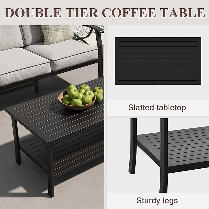 RoyalCraft Outdoor Patio Furniture Set, 4 Piece Patio Conversation Set with Coffee Table, Metal Furniture Set for Porch Backyard Garden, Black