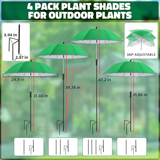 4 Pack 24.9" Plant Umbrellas for Outdoor Plants,47.2" Height Small Umbrella with Reflective Strip, Adjustable Plant Shades for Outdoor Plants, Garden, Potted