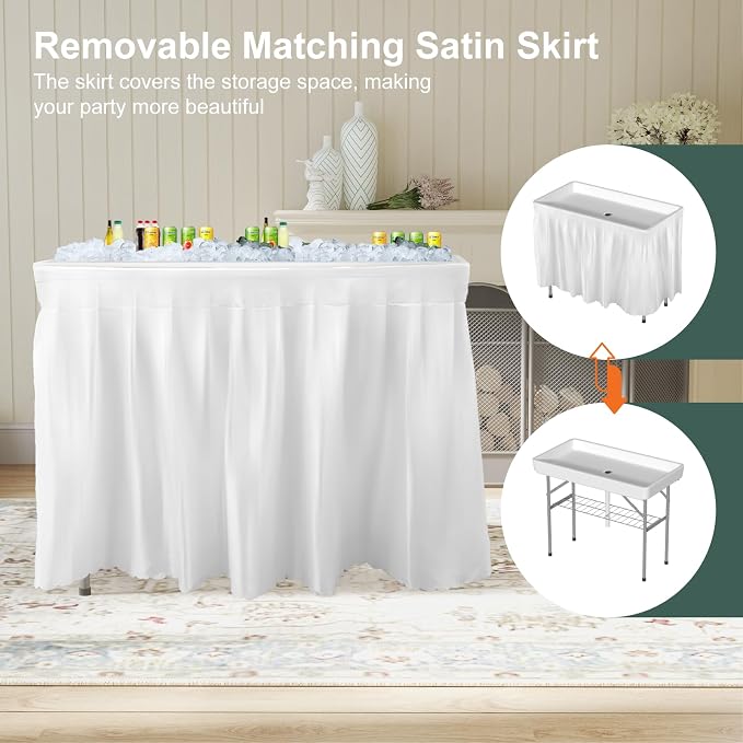 4 Foot Ice Cooler Folding Table, Party Ice Tables with Drain and Detachable White Skirt, Large Plastic Cooler Table to Keep Drinks Cool for Weddings, Outdoor, Picnics, Pool, Camping, BBQ, White