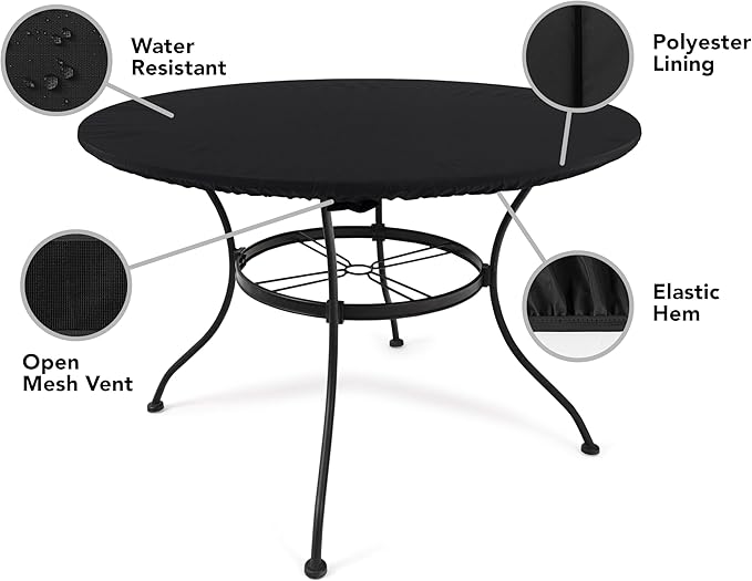 Covermates Classic Round Table Top Cover – All-Weather Outdoor Table Protection, Water-Resistant Vinyl, Elastic Hem, Mesh Vents, Patio Furniture Cover, Round 42-48 DIAMETER, Black