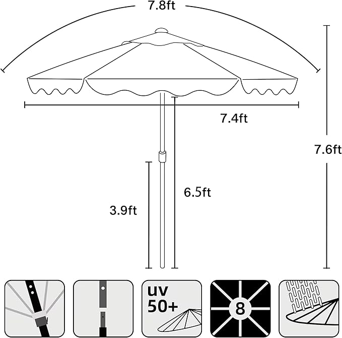 AMMSUN 7.8ft Seashore Umbrella, Outdoor Umbrella, Boho Beach & Patio Umbrella with UV 50+ Air Vent Ash Wood Pole Carry Bag & Water-Resistant Canvas Aqua Green