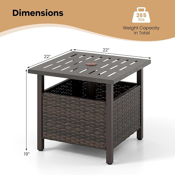 HAPPYGRILL Outdoor Side Table with 1.93" Umbrella Hole, Patio Umbrella Stand with Zinc-Iron Alloy Tabletop, Rustproof Metal Frame, PE Rattan End Table for Deck Garden Yard Poolside (No Sand Bag)