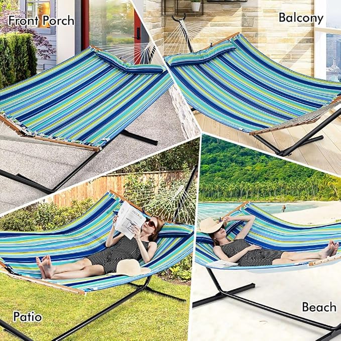 Portable Blue-Green Beech Wood Foldable Hammock with Detachable Pillow for Patio/Balcony 55.5x75in, 265lb Capacity Contemporary