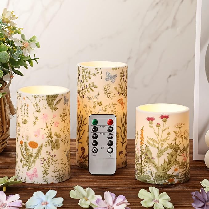 Baquler Wildflowers Floral Spring Glass Flameless Candles with Remote Timer Battery Operated LED Flickering Pillar Seasonal Summer Butterfly Dinner Holiday Decor