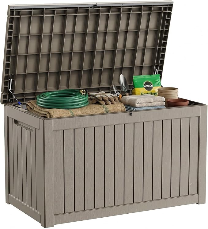 Vixzen 280 Gallon Outdoor Storage Box Waterproof, Large Lockable Resin Deck Box with lid for Patio Furniture Cushions, Weatherproof Storage Boxes for Garden Tools & Pool Accessories(Grey, 280 Gallon)