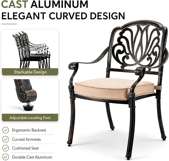 7 Piece Outdoor Dining Set Cast Aluminum, Retro Patio Dining Furniture Set for 6 Includes 54’’ Round Table 6 Chairs with Thicker Cushion and Umbrella Hole for Patio Deck Garden