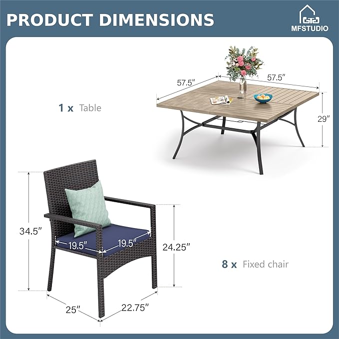 MFSTUDIO 9 Pieces Patio Dining Table Set, 8 Person Outdoor Square Table Set with Chairs, Large Dining Furniture Set, Patio 57.5" Square Metal Dining Table for 8, Backyard, Porch