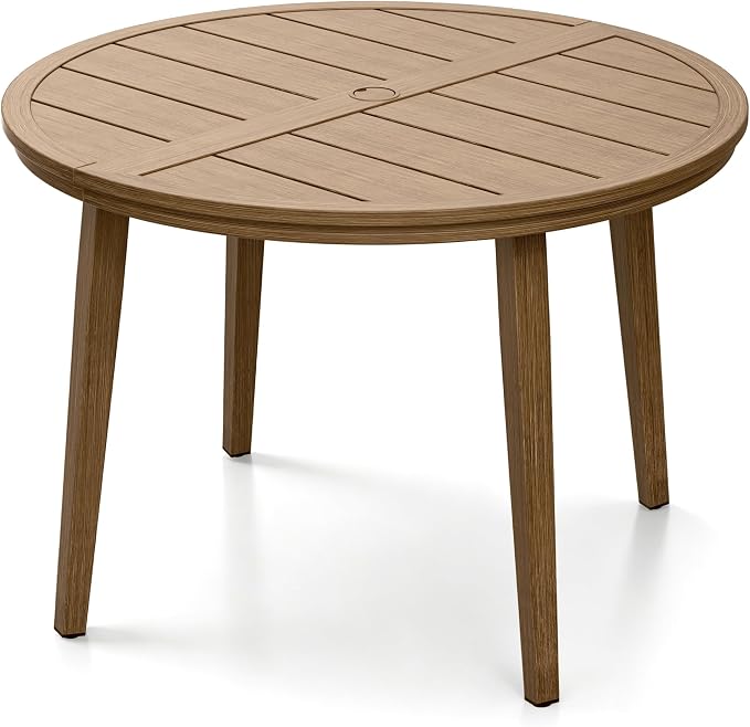 41" Round Outdoor Dining Table, Never-Rust Aluminum Patio Dining Table with Umbrella Hole, Round Patio Table for 4, Outdoor Round Dining Table for Backyard, Deck, Gardens, Teak