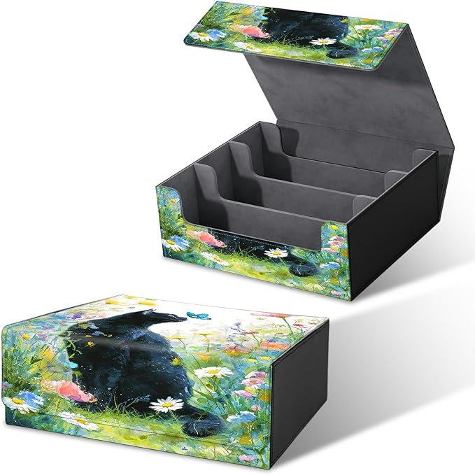 Large Card Deck Box for MTG, Fits 1200+ Sleeved Cards, PU Leather Storage Case with Strong Magnetic Closure, Multiple Colors Available for TCG CCG Baseball Card Collections, Lawn Black Cat