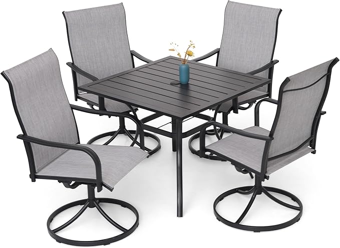 Anmutig 5-Piece Outdoor Dining Set, 35'' Square Table with 4 Swivel Chairs, All Weather Frame Furniture Set - Gray Style2