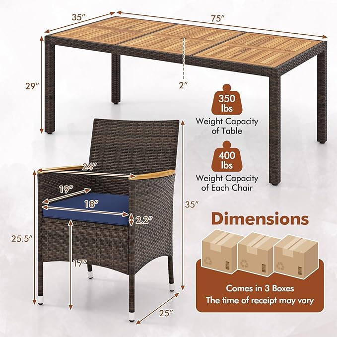 HAPPYGRILL 9 Pieces Acacia Wood Patio Dining Set for 8 People, Outdoor Rattan Furniture with Cushions, Rectangular Dining Table with Umbrella Hole, for Garden Backyard Deck