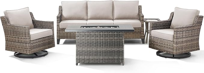 Outdoor Patio Furniture Set with 42.5" Fire Pit Table-5 Pieces All Weather Wicker Outdoor Furniture with High Back Swivel Patio Chairs Set of 2 Outdoor Patio Conversation for Deck Backyard Beige/Gray