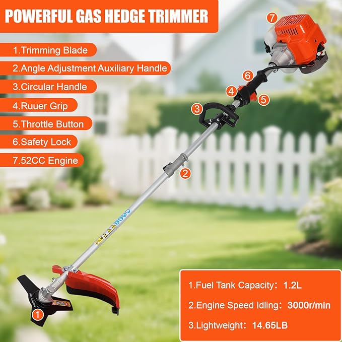 52CC Weed Eater Gas Powered, 5-in-1 Gas Edge Trimmer,Lightweight Petrol Hedge Trimmer,2-Stroke Lawn Trimmer,Chainsaw Brush Cutter,Cordless Grass Shear Handheld Trimmers for Lawn Care (red)