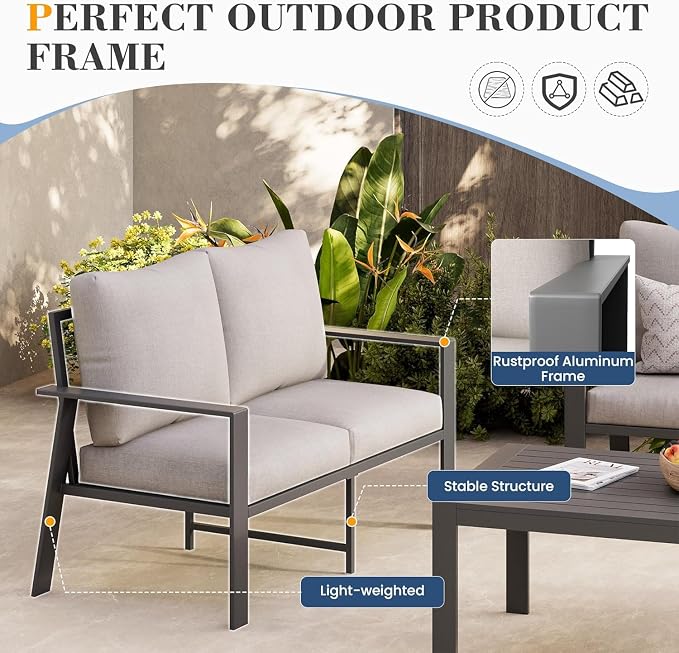 Outdoor Loveseat with Coffee Table Small Furniture Aluminum Patio Love Seat Couch Outdoor Chairs with 4" Cushion Loveseats Sofa for Poolside,Balcony,Deck,Yard