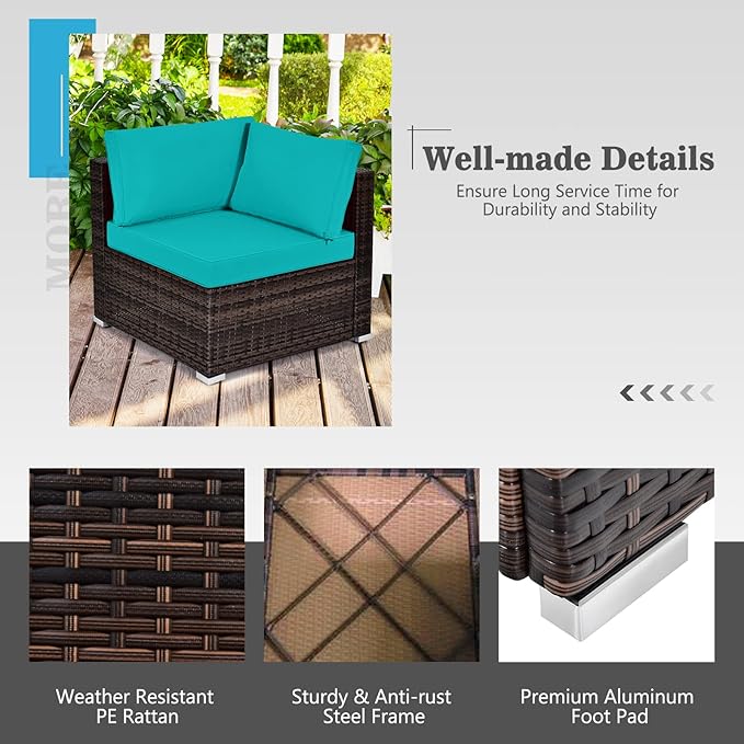 Tangkula 8 Piece Outdoor Wicker Sofa Set, Patio Rattan Conversation Set w/32” Propane Fire Pit Table & Tank Holder, 40,000 BTU Heat Output, Cozy Seat & Back Cushions, Fire Pit PVC Cover (Turquoise)