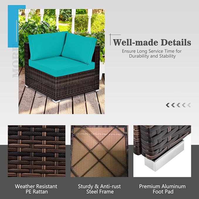 Tangkula 7 Piece Patio Furniture Set w/Fire Pit Table, Patiojoy Outdoor Rattan Conversation Sofa Set w/30 Square Propane Fire Pit Table, 50,000 BTU Heat Output, Protective Cover Included (Turquoise)