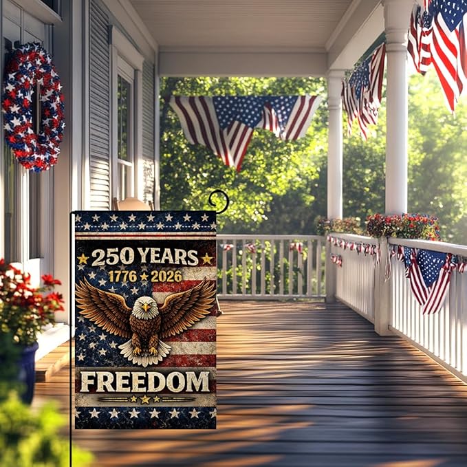 BLKWHT 250 Years America Garden Flag 12x18 Vertical Double Sided 1776-2026 USA 250th Anniversary Freedom Eagle Banner 4th of July Patriotic Outside Decorations Burlap Yard Flag BW864